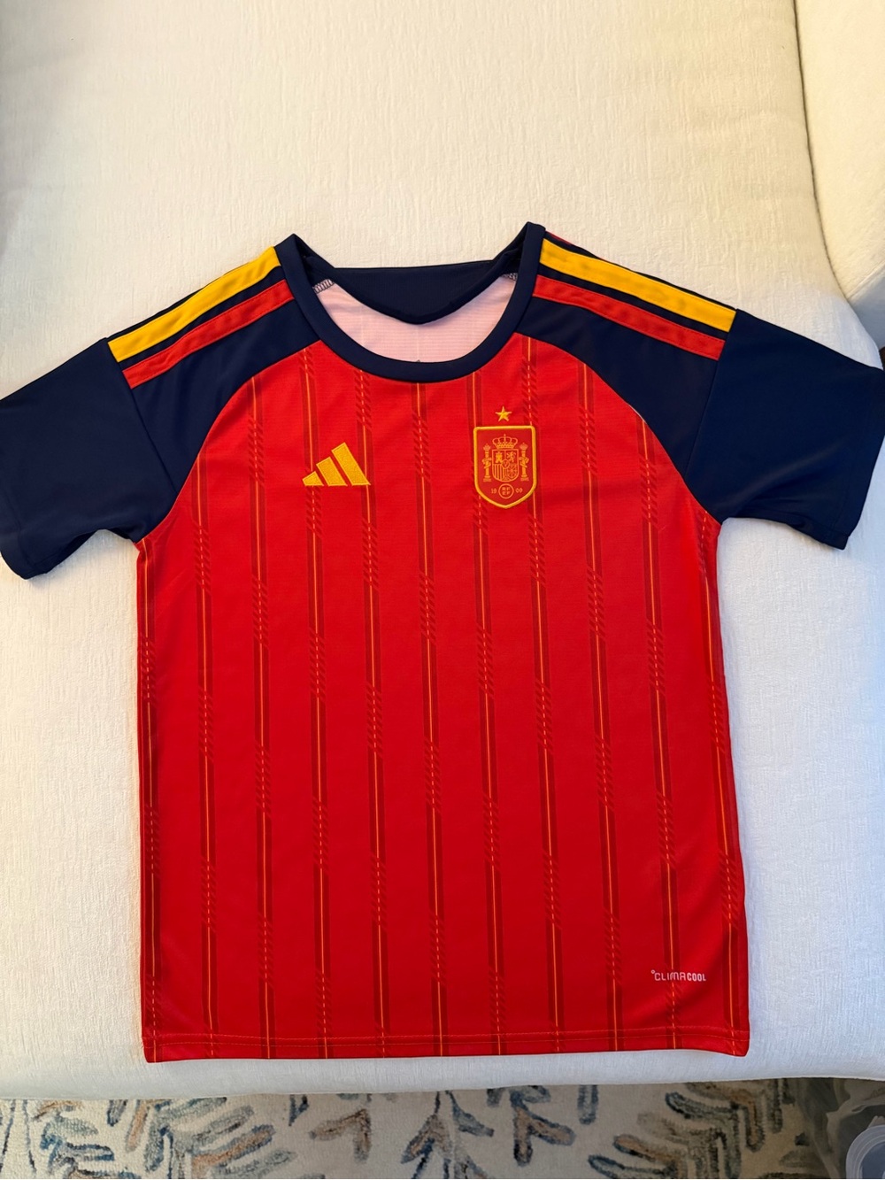 adidas Kids Home Spain Football Jersey Red Blue with Yellow Accents Climacool